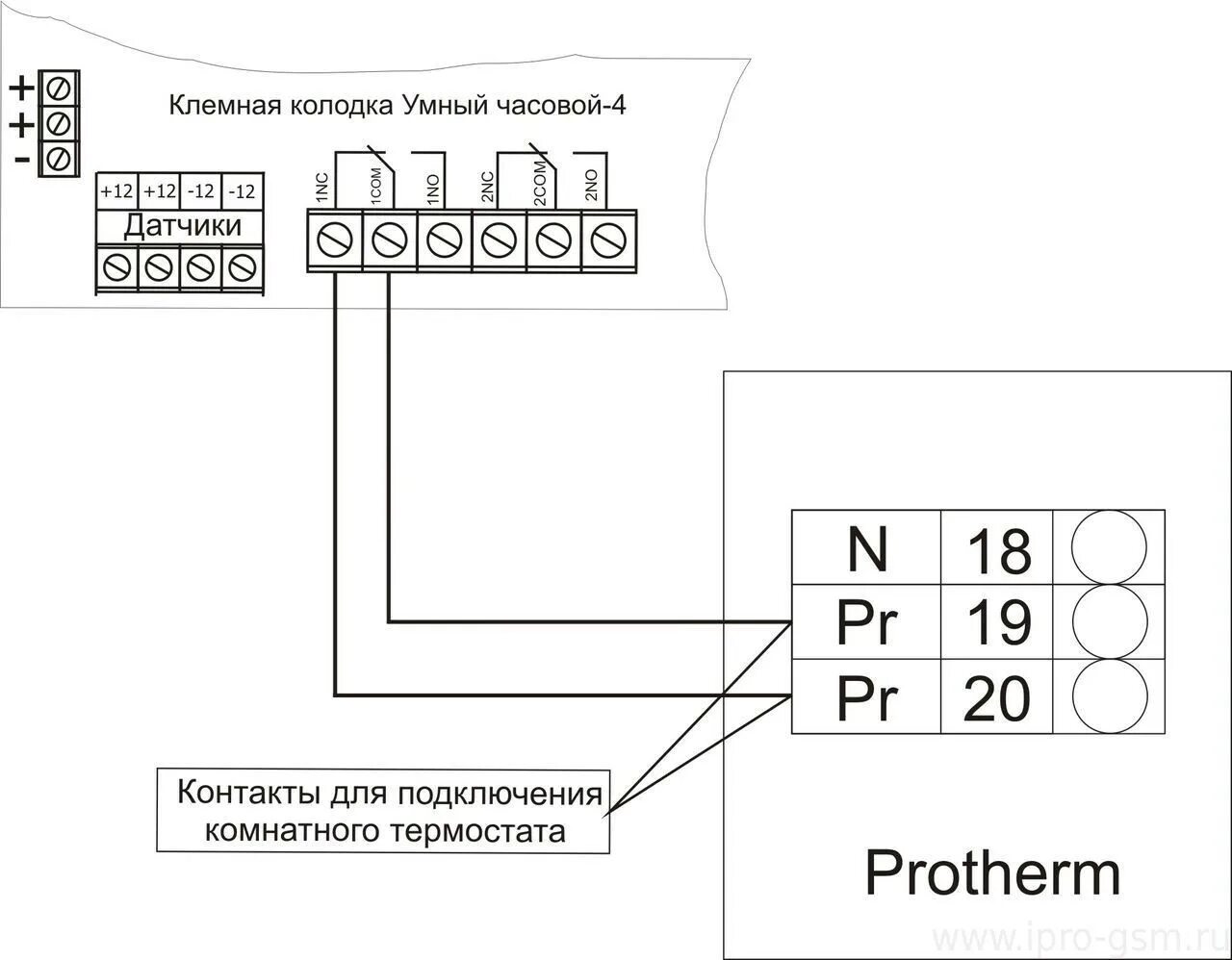 Подключение датчика температуры к котлу протерм Схемы подключения сигнализации Умный Часовой-4 к отопительным котлам