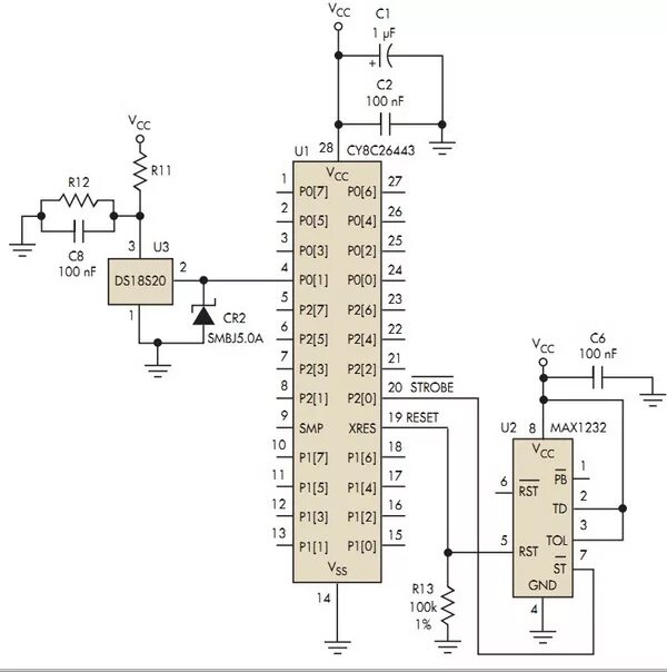 Подключение датчика температуры к микроконтроллеру Simple Circuit Interfaces 1-Wire Temperature Sensor To A Microcontroller