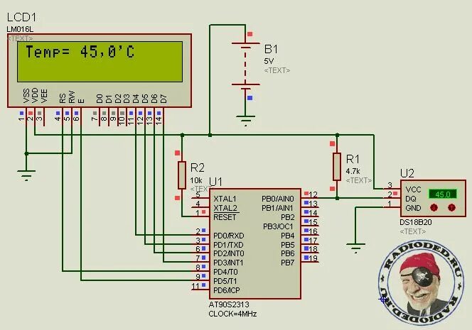 Подключение датчика температуры к микроконтроллеру Моделирование цифрового термометра в Proteus 7 Радиолюбитель, Дисплей, Моделиров