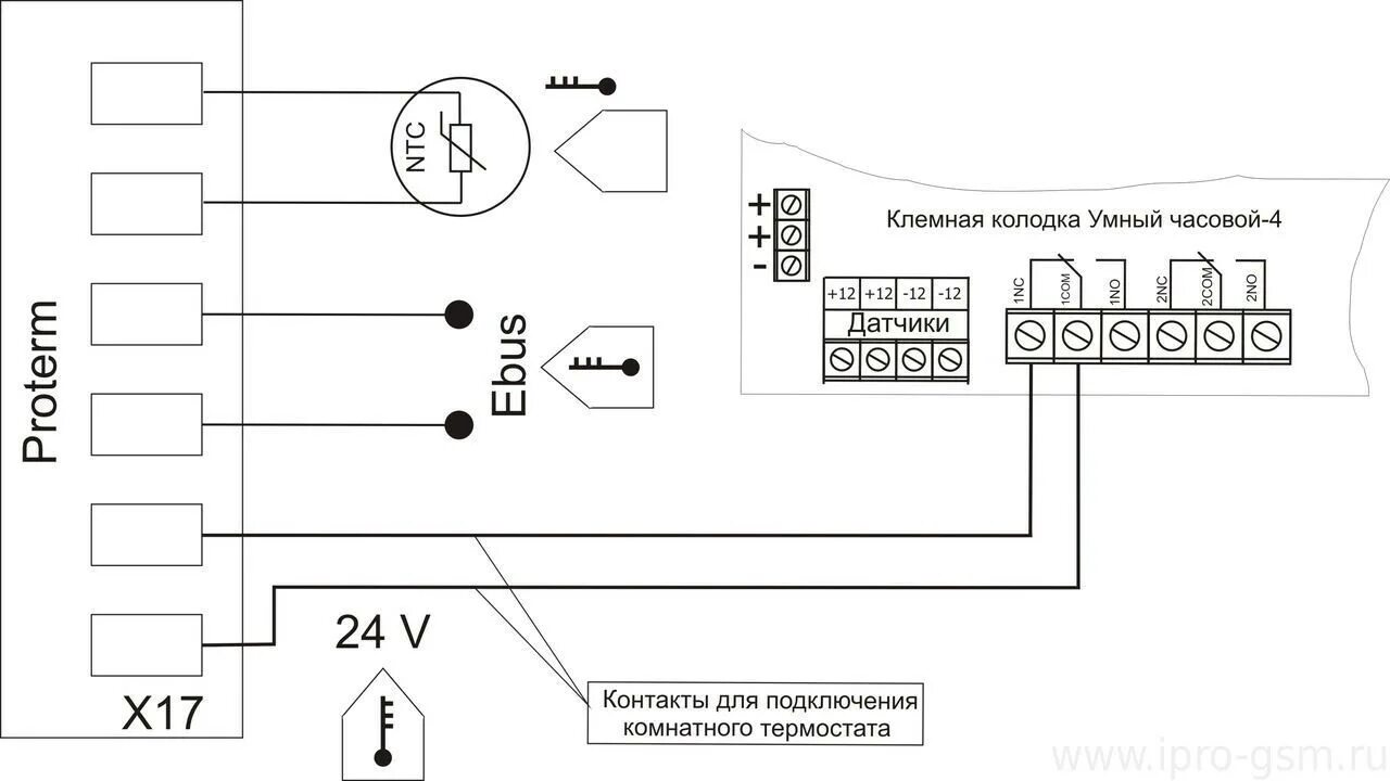 Подключение датчика температуры протерм Схемы подключения сигнализации Умный Часовой-4 к отопительным котлам