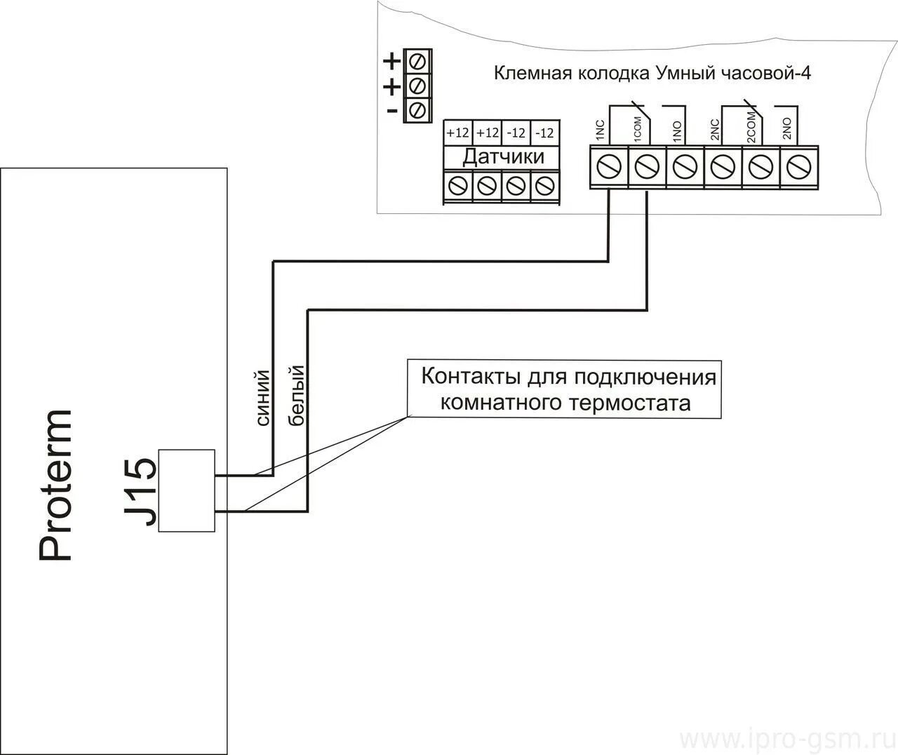 Подключение датчика температуры протерм Схемы подключения сигнализации Умный Часовой-4 к отопительным котлам