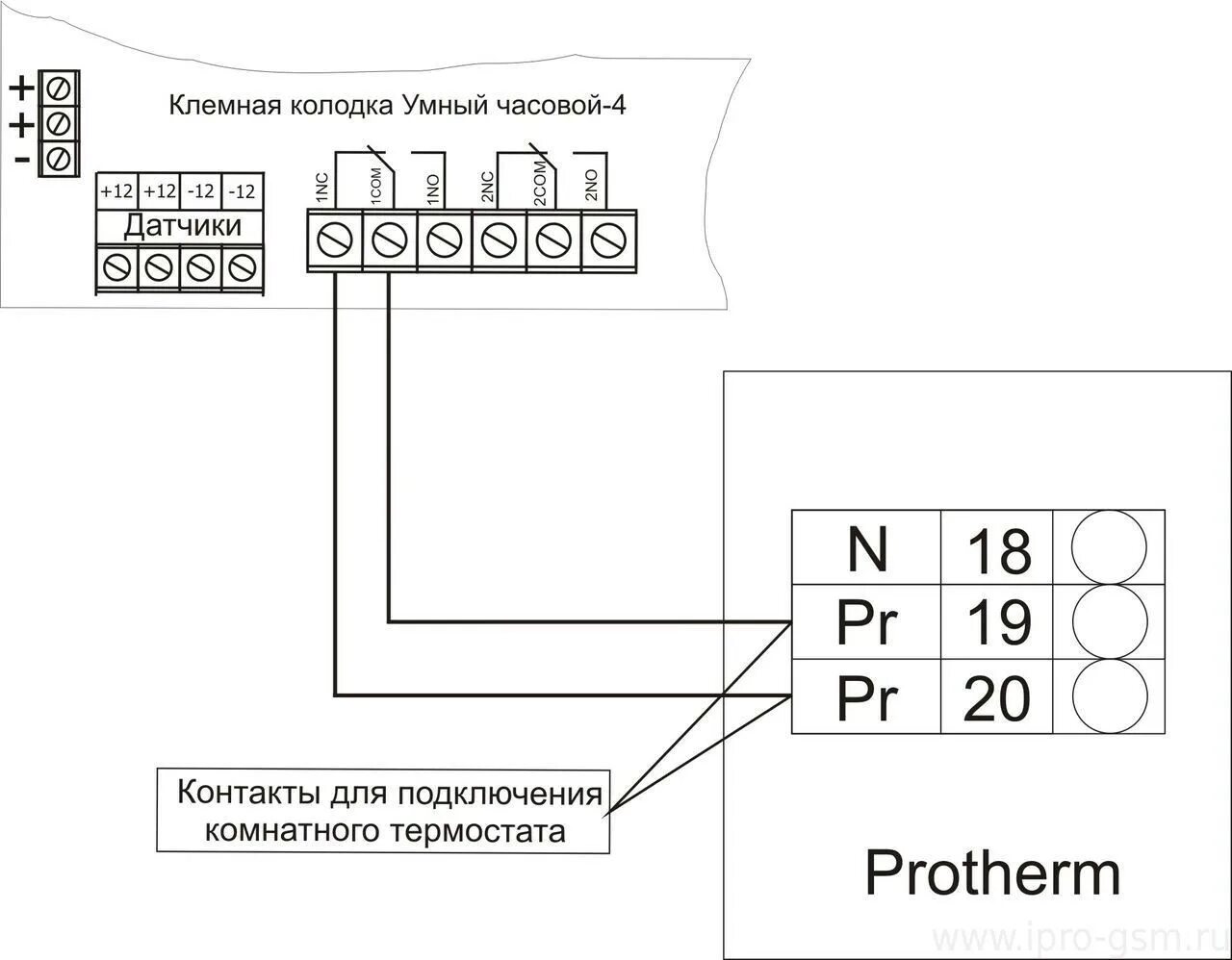 Подключение датчика температуры протерм Схемы подключения сигнализации Умный Часовой-4 к отопительным котлам