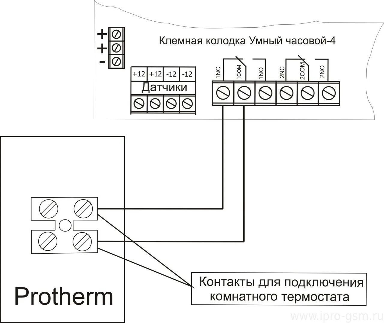 Подключение датчика температуры протерм Схемы подключения сигнализации Умный Часовой-4 к отопительным котлам