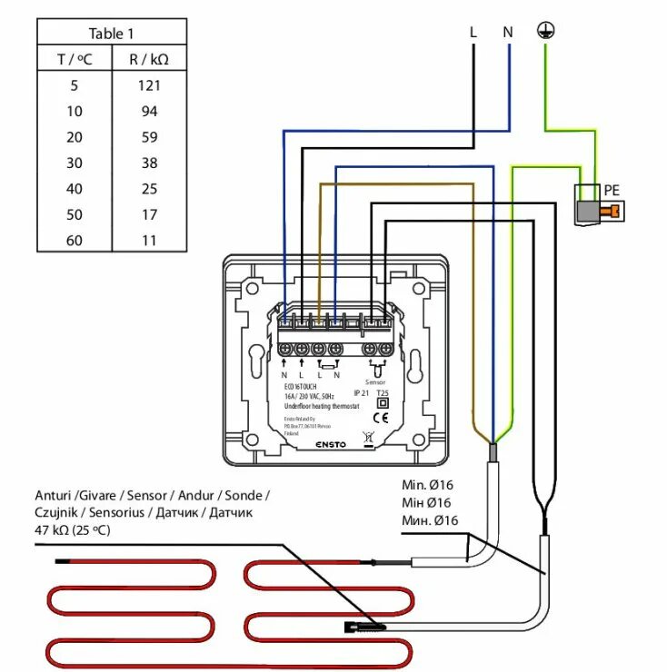 Подключение датчика теплого пола к терморегулятору схема ECO16TOUCH Сенсорный терморегулятор для электрических теплых полов в КАПРО