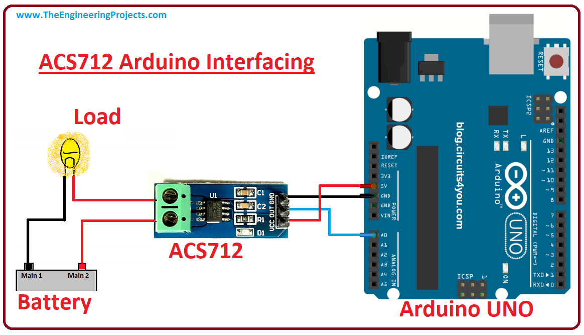 Подключение датчика тока к ардуино DC Current Sensor ACS712 Arduino Interfacing - The Engineering Projects