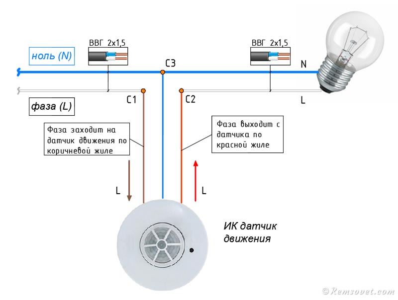 Подключение датчика времени Схема подключения датчика движения для освещения