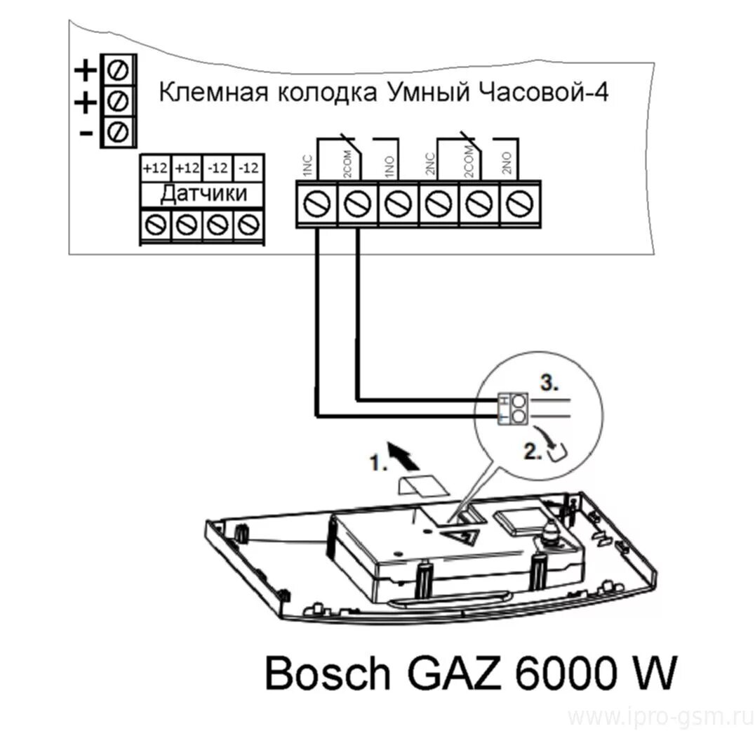 Подключение датчиков bosch Схемы подключения сигнализации Умный Часовой-4 к отопительным котлам