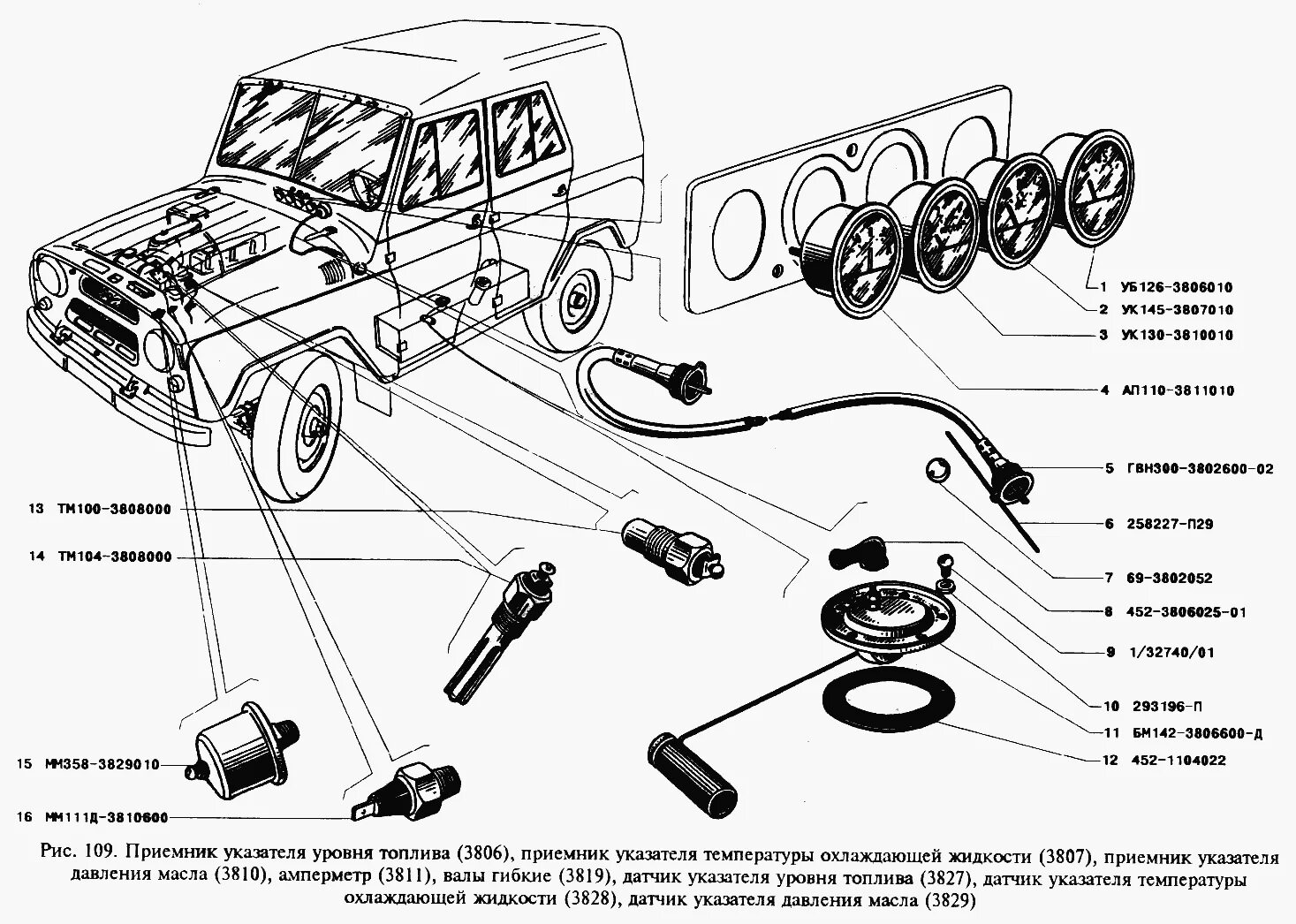 Подключение датчиков уаз 469 Приборы и датчики УАЗ-3151 (Чертеж № 135: список деталей, стоимость запчастей). 