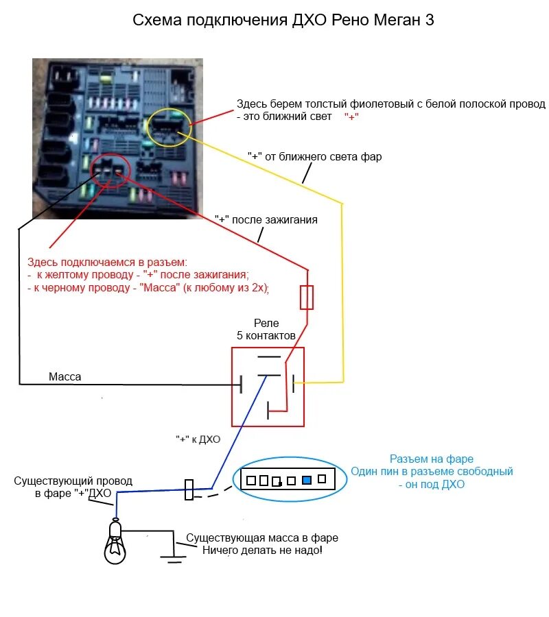 Подключение дхо рено логан 1 Подключение штатных ламп ДХО - Renault Megane III, 1,6 л, 2010 года аксессуары D