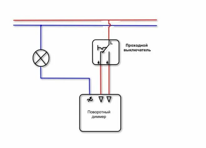 Подключение диммера через выключатель Как выглядит схема сборки диммера, как проходного выключателя?