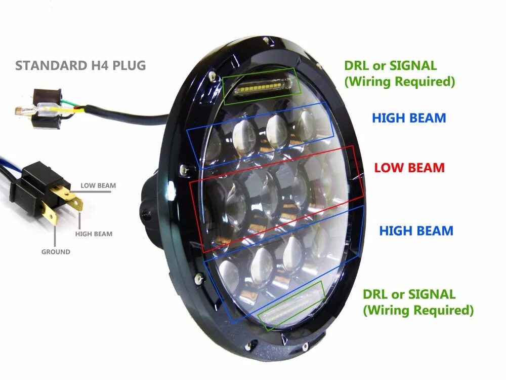 Подключение диодной фары Round 7 Inch 75W LED Headlight High Low Beam with 2V 24V External Light with H4 