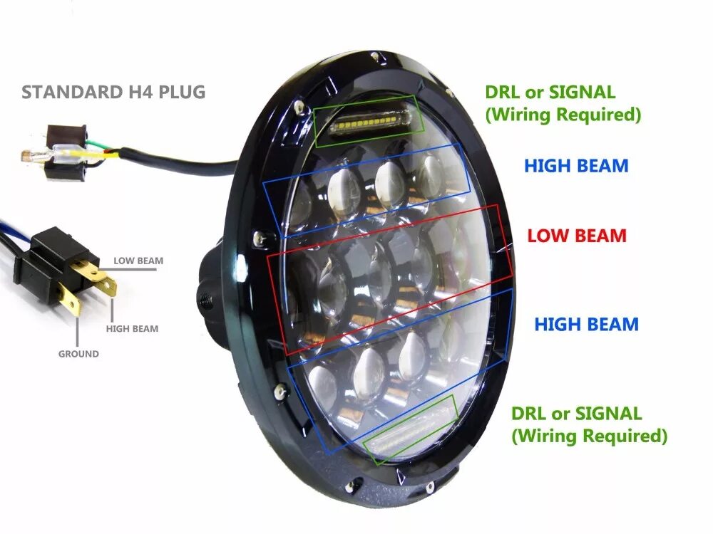 Подключение дополнительных фар на мотоцикле Round 7 Inch 75W LED Headlight High Low Beam with 2V 24V External Light with H4 