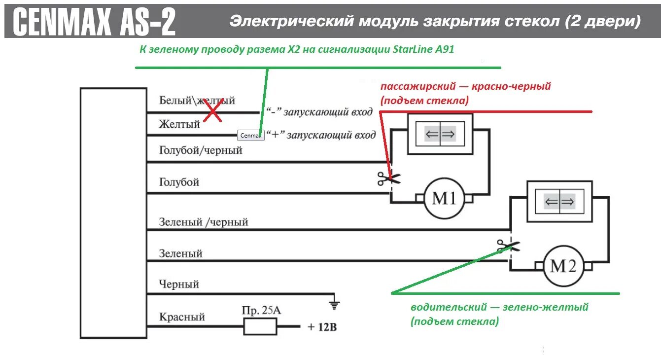 Подключение доводчика стекол к старлайн а61 Установка модуля управления стеклоподъёмниками Cenmax AS2 к сигнализации StarLin