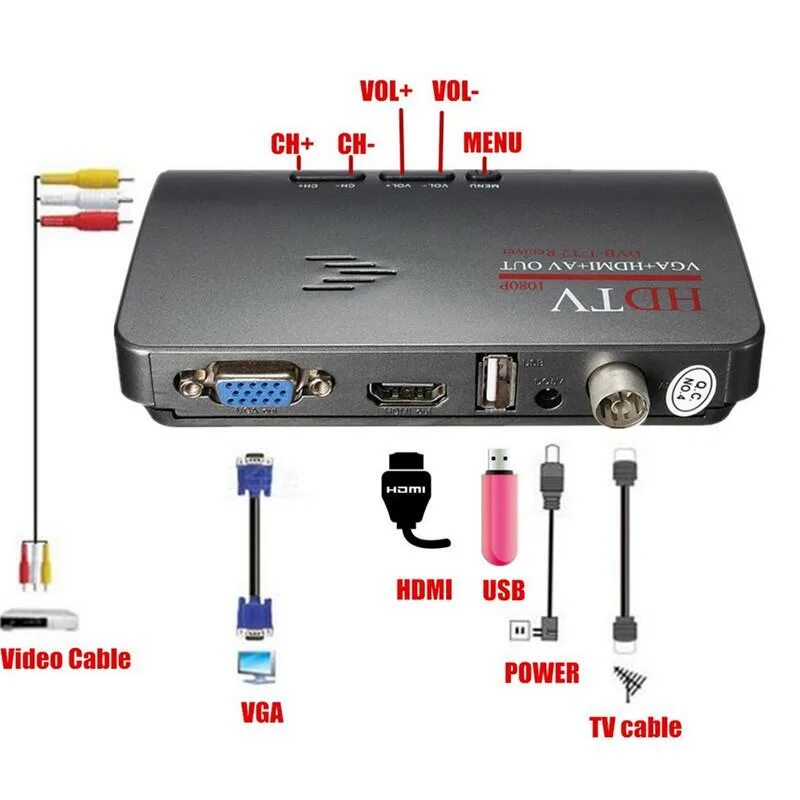 Подключение дтв 2 DVB-T2 DVB-T AV-VGA ТВ-кассета с HDMI VGA USB-преобразователь приемника MPEG4 - 