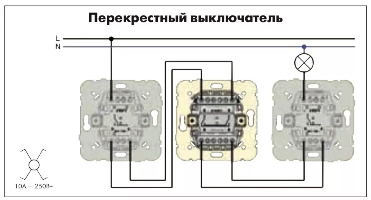 Подключение дублирующего выключателя Схема подключения перекрестного выключателя с трех мест фото Art-and-Stone.ru