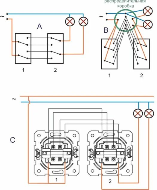 Подключение два двойных проходных выключателей Проходной выключатель, схема подключения - Доктор Лом Выключатель, Принципиальна