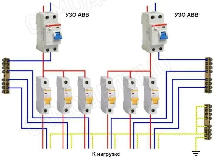 Подключение два узо Подключение УЗО к однофазной сети с заземлением: правила + этапы работ