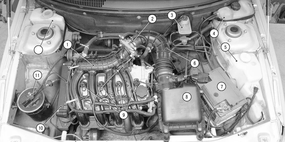 Подключение двигателя 2112 Подкапотное пространство автомобилей с двигателем мод. 21124 - Lada 21124, 1,6 л