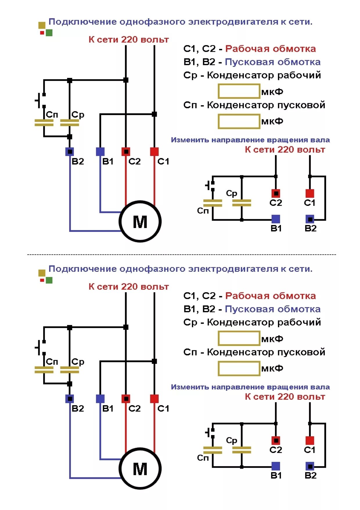 Подключение двигателя 220 кнопку Подключение однофазных электродвигателей.