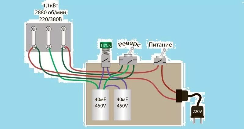Подключение двигателя 220 кнопку Как подключить трёхфазный электродвигатель к сети 220В и 380В по схеме - vodatyt