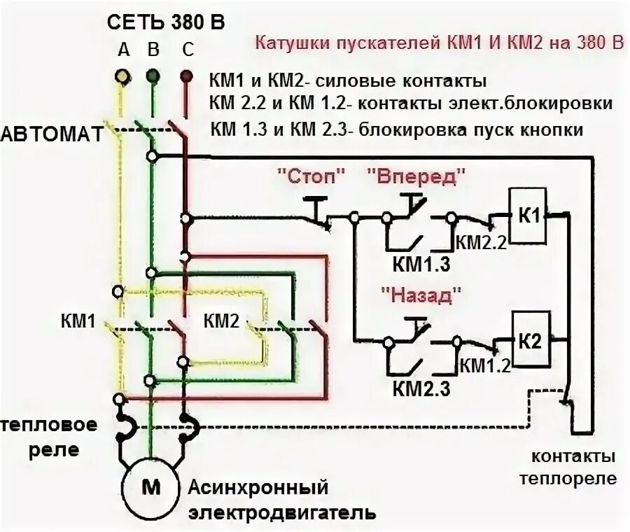 Подключение двигателя через реверсивный пускатель Реверсивная схема подключения электродвигателя 380 через пускатель и кнопку Элек