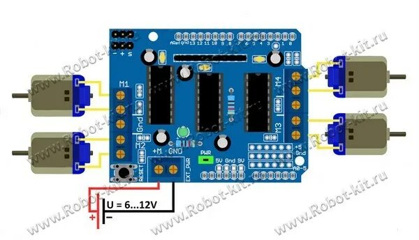 Подключение двигателя l293d Статьи о роботах " Драйвер моторов четырехканальный на двух микросхемах L293D