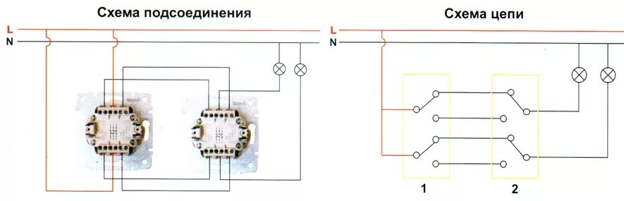 Подключение двойного проходного Схема подключения двойного проходного выключателя с 2-х мест для 2 ламп (видео)