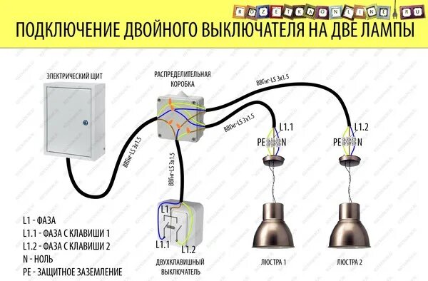 Подключение двойного включателя света Cхема подключения двойного выключателя на две лампочки