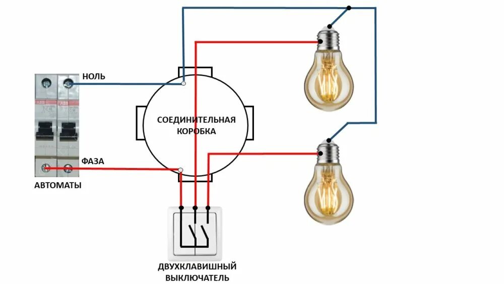 Подключение двойного выключателя на две разные лампочки Как подключить двойной выключатель на 2 лампочки, схема