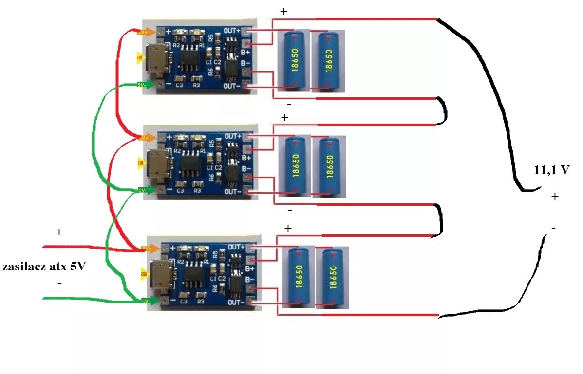 Подключение двух аккумуляторов к bms3s Jak połączyć ogniwa 18650 i moduły TP4056, aby uzyskać 11,1V?