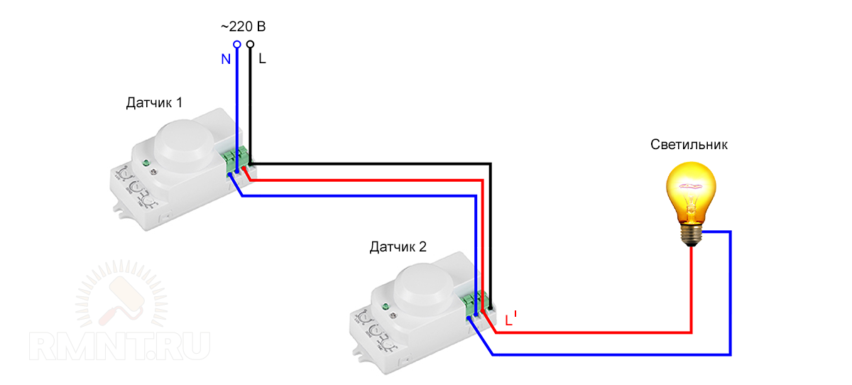 Подключение двух датчиков движения для освещения Схема подключения датчика движения для освещения к прожектору или лампочке