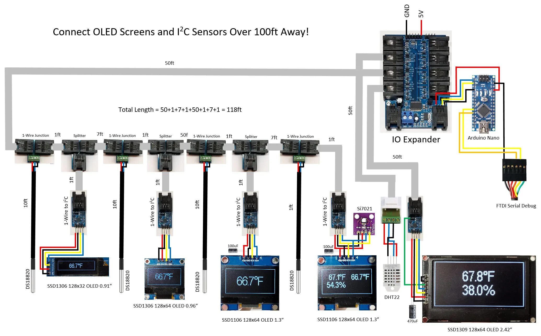 Подключение двух дисплеев Connect OLED Screens and I2C Sensors Over 100ft Away! - Arduino Project Hub