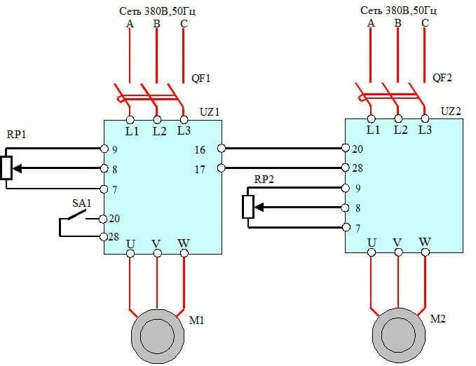 Подключение двух электродвигателей Подключение частотного преобразователя к электродвигателю (схема) Преобразовател