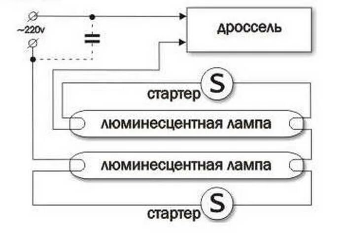 Подключение двух люминесцентных ламп Устройство и принцип работы стартера для люминесцентных ламп