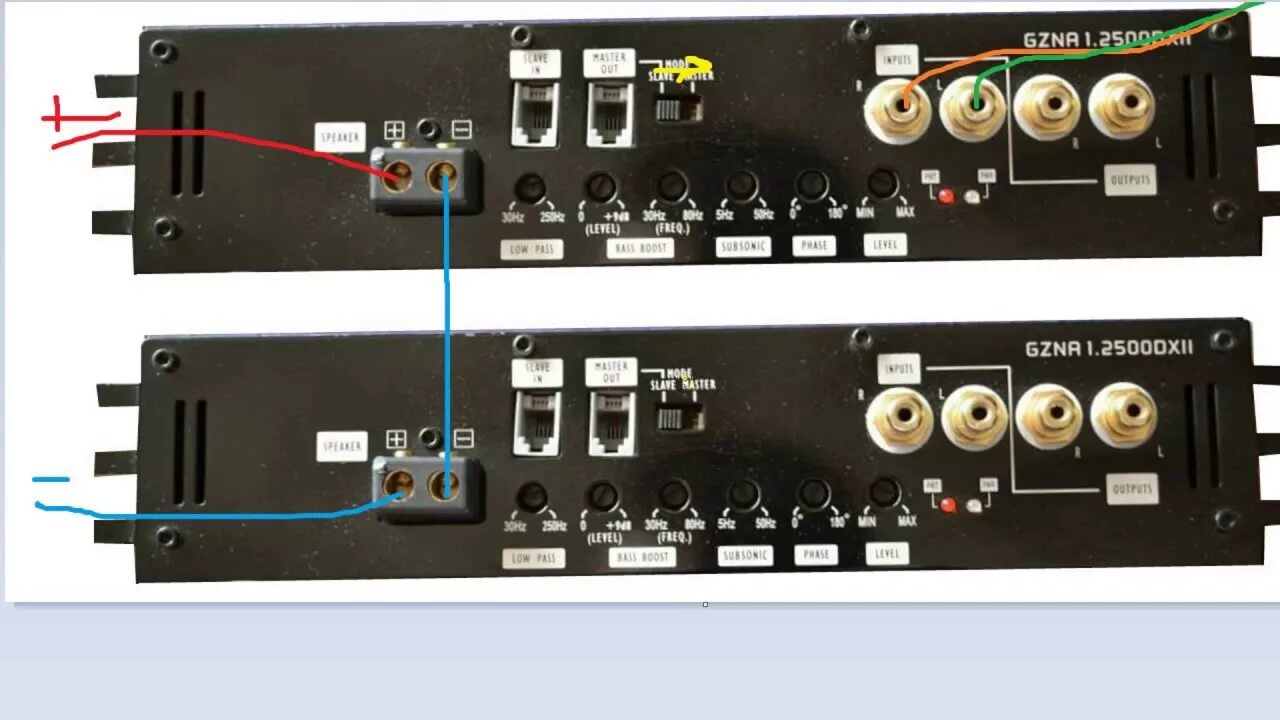 Подключение двух моноблоков Подключение двух усилителей в мост моноблок Ground Zero GZNA 1.2500DXII - YouTub