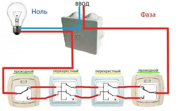 Подключение двух проходных выключателей и перекрестного Практика подключения перекрёстного 2х клавишного выключателя