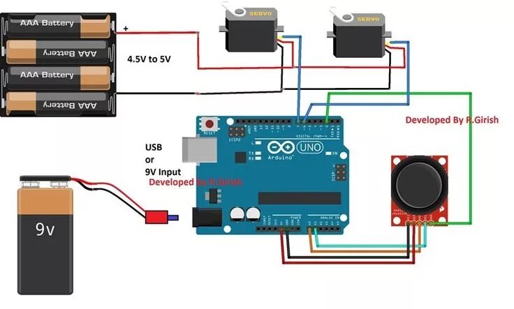 Подключение двух сервоприводов Arduino Servo Motor Control circuit Using Joystick and 9V battery