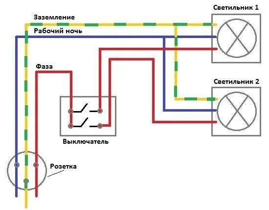 Подключение двух светильников и розетки Схема электропроводки две розетки два светильника