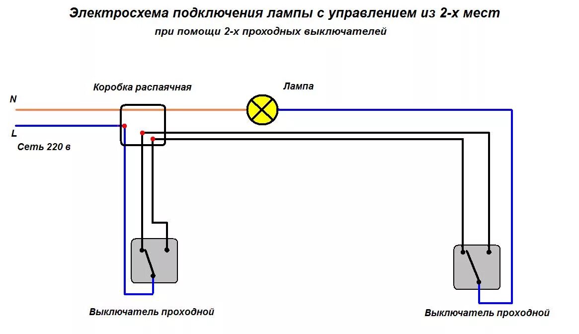 Подключение двух светильников на проходные выключатели Проходной свет фото - DelaDom.ru