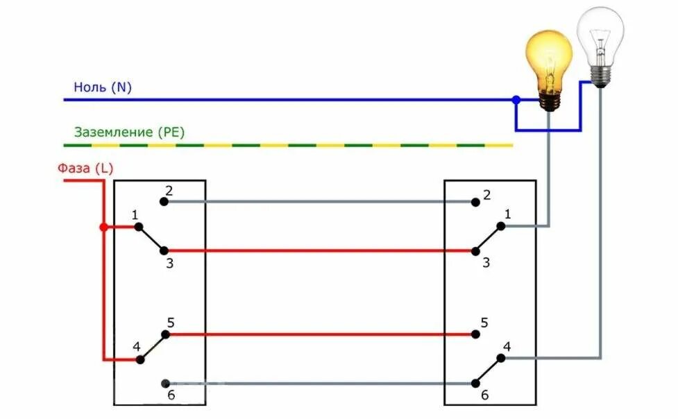 Подключение двух светильников на проходные выключатели Схема проходного двухклавишного выключателя с двух мест