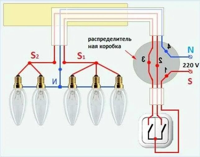 Подключение двух светильников с двумя клавишами Выключи люстру выключателя