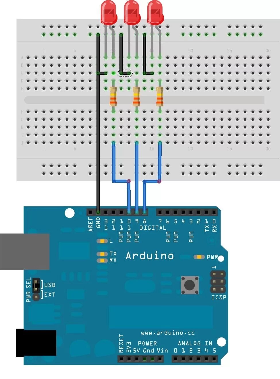 Подключение двух светодиодов к ардуино Sidekick Basic Kit for Arduino V2 Seeed Studio Wiki