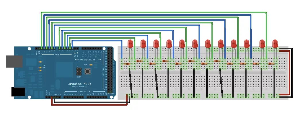 Подключение двух светодиодов к ардуино Подключение 12 светодиодов к Arduino Mega