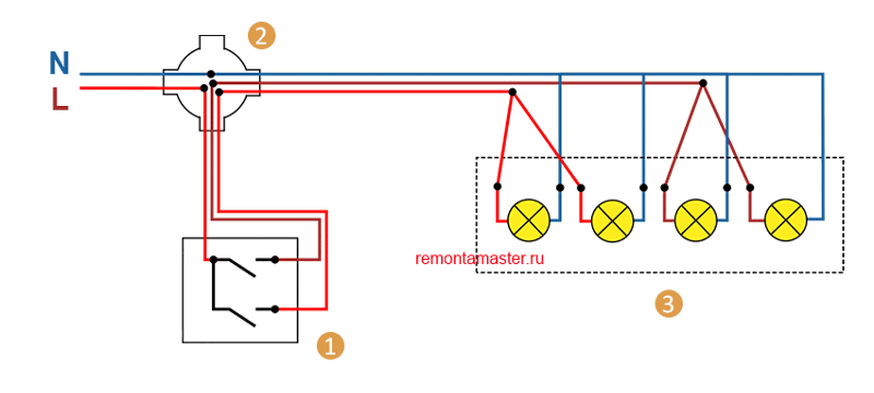 Подключение двухклавишного светильники схема Ответы Mail.ru: как подключить 4 лампы к двойному выключателю