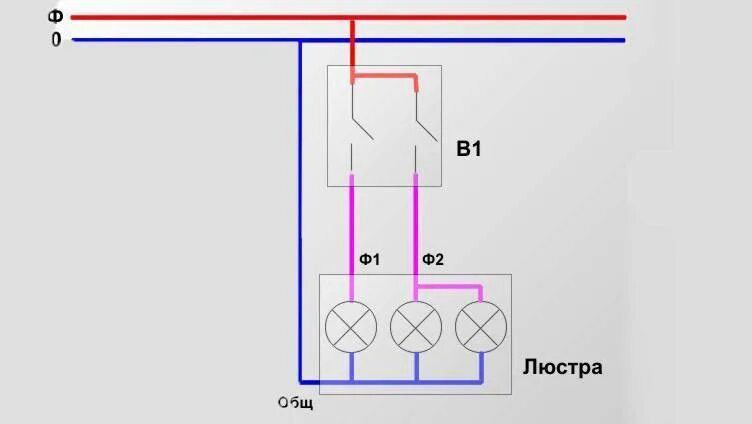 Подключение двухклавишного светильники схема Как подключить люстру к выключателю двухклавишному
