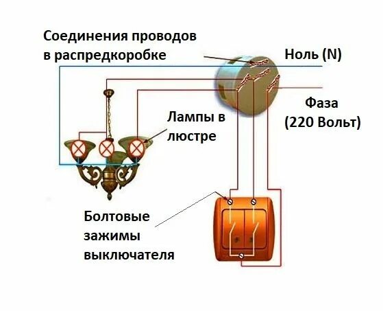 Подключение двухклавишного выключателя на 2 люстры Подключение люстры к двойному выключателю: схемы + правила монтажа