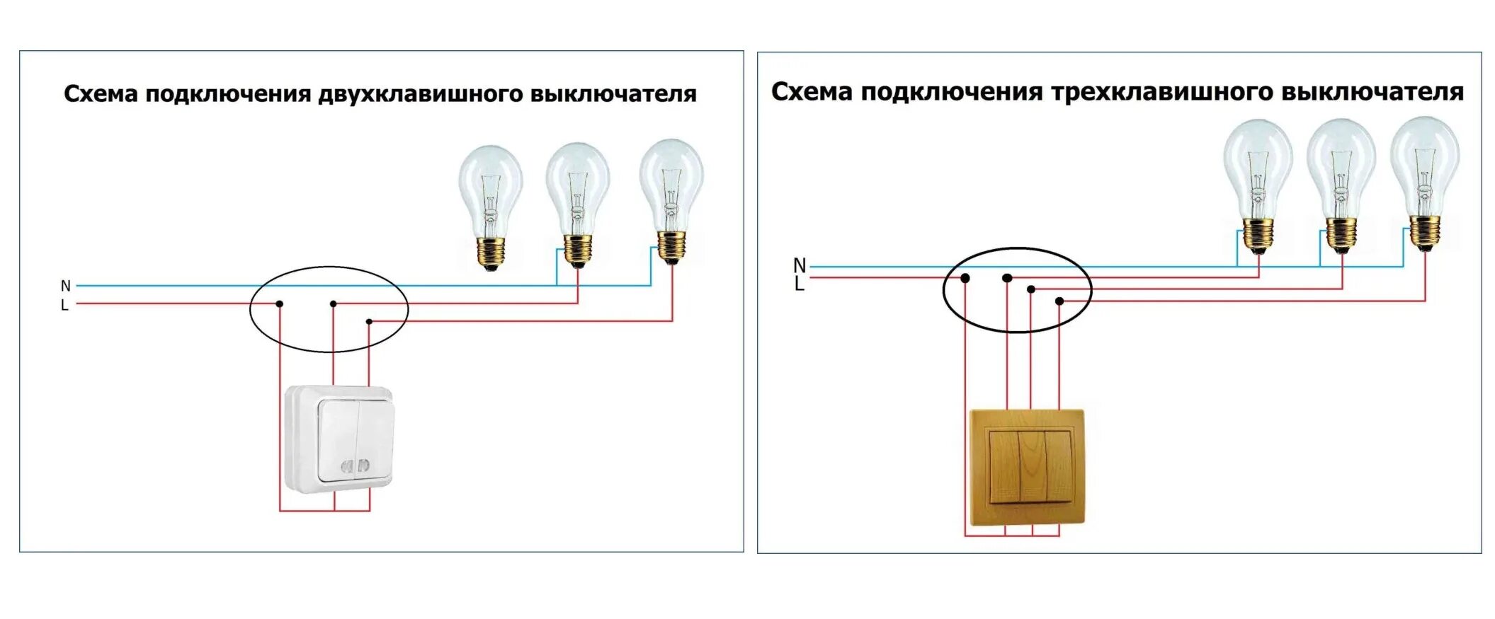 Подключение двухклавишного выключателя на три лампочки Тройной выключатель: с розеткой, схема подключения на три лампочки