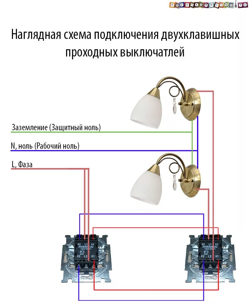 Подключение двухклавишного выключателя с 2 мест Cхема подключения двухклавишного проходного выключателя (переключателя)