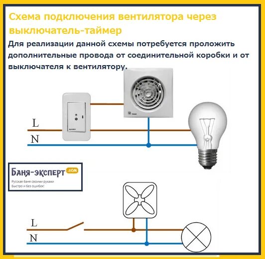 Подключение двухклавишного выключателя свет и вентилятор Схема подключения вытяжки - Banya-Expert.com - портал о технологиях строительств