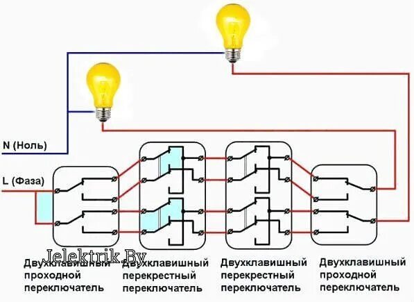 Подключение двухклавишных проходных переключателей с трех точек Lighting control from four locations To organize the management of lighting devi